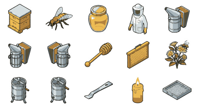 Collection of isometric icons related to beekeeping and honey production.