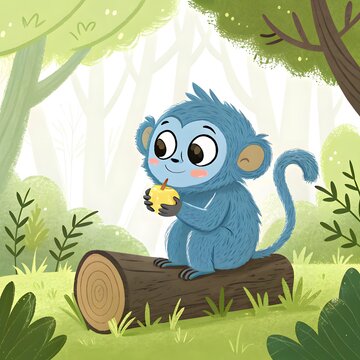 Blue cartoon monkey eating banana on a log