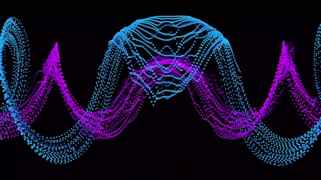 Abstract neon blue and purple particle wave background. Dynamic digital audio equalizer frequency motion design. Glowing DNA helix particle wave backdrop for tech.