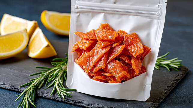 White resealable zip pouch mockup for dried salmon strips, blank packaging without logos standing on dark slate surface with lemon wedges and rosemary, premium seafood snack concept, ultra photoreal