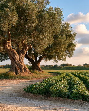 Ancient olive trees beside halophyte crop rows in saline Mediterranean landscape showcasing climate adaptive farming and quiet luxury sustainability