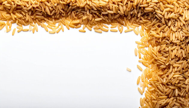 Top view raw brown basmati rice grains (Oryza sativa) forming a corner frame border on white background, copy space. Organic food packaging, healthy eating banners, culinary design, dietary menu.