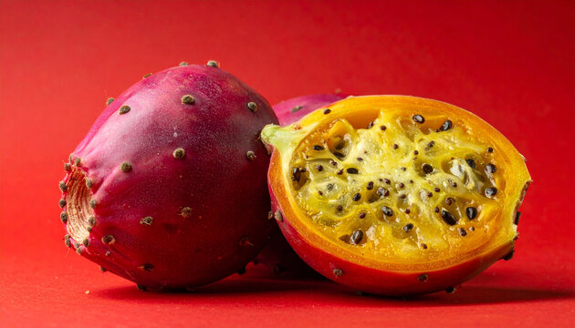 Fresh prickly pear cactus fruit whole and sliced on vibrant red background, copy space.