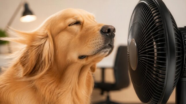 A cute golden retriever enjoys cool breeze from a fan during summer heat wave indoors.