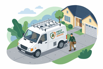 Obraz premium Professional Pest Control Service Van and Technician at a House