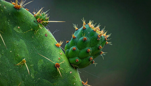 Close-up of a vibrant prickly pear cactus pad with a young developing fruit bud. Close-up green prickly pear cactus fruit (Opuntia ficus-indica) growing on a sharp thorny cladode pad against a blur.