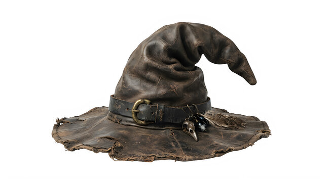A weathered brown leather witch hat for halloween costume parties isolated on transparent background