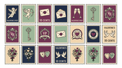 Naklejka premium Vintage Valentine postage stamp collection featuring cupid illustrations, romantic love envelopes and floral bouquets, representing classic romance and romantic correspondence