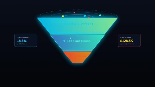 Digital Sales Funnel Visualization Showing Conversion Rate and Revenue Growth Metrics for Marketing