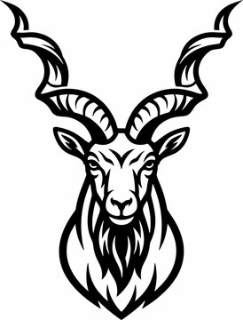 Black and white illustration of a markhor goat head