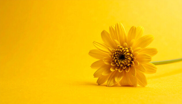 Single vibrant yellow gerbera daisy (Gerbera jamesonii) flower on a matching yellow background, copy space on the left side. Monochromatic, greeting cards, summer banners, floral background designs.