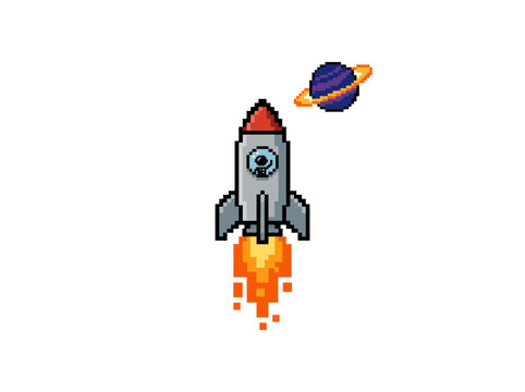 Classic Pixel Art Of A Gray Rocket Ship Launching Into Space With Vibrant Orange Exhaust And A Distant Purple Planet With Rings, Retro And Futuristic, Vector Illustration