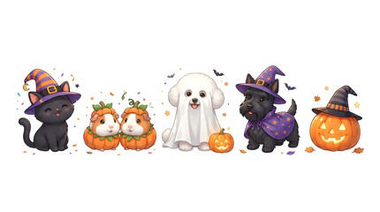 Fototapeta premium Cute cartoon animals dressed in costumes for a fun halloween celebration isolated on transparent background