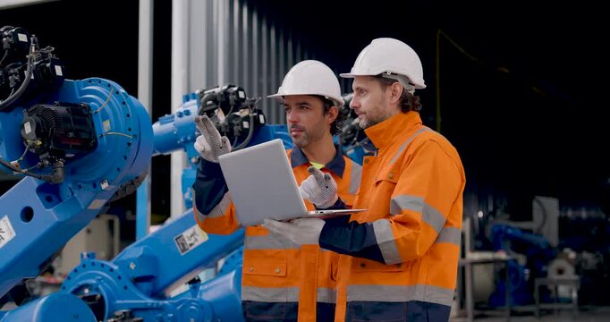 Two adult male technicians inspect industrial robotic arm, reviewing laptop data and gesturing toward mechanical components during collaborative diagnostics inside automated manufacturing workshop.