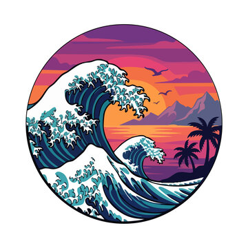 Retro Sunset Ocean Wave Landscape with Palm Trees and Mountains in Circular Badge.