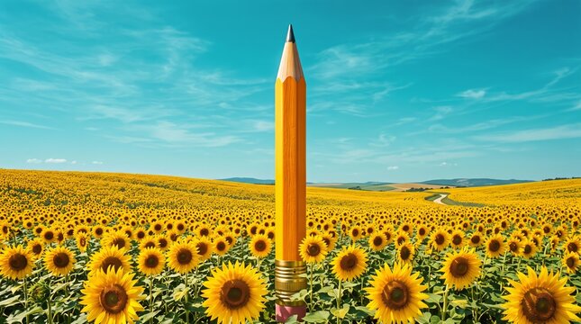 Giant Yellow Pencil Standing in Sunflower Field Creative Education Concept