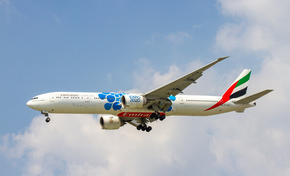 Ho Chi Minh City, Vietnam - January 29, 2020 : A Boeing 777-300ER Airplane With Registration A6-EPB Of Emirates With Blue Expo 2020 Livery Landing At Tan Son Nhat International Airport.