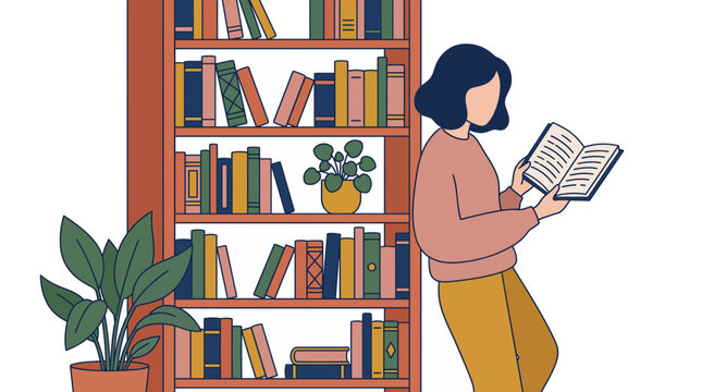 Flat illustration of a woman leaning against a bookshelf showcasing book collection, reading hobby and cozy library interior, symbolizing lifelong learning and educational knowledge