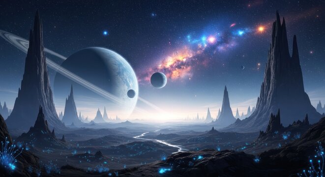 Alien Planet Landscape with Ringed Gas Giant and Distant Nebula.