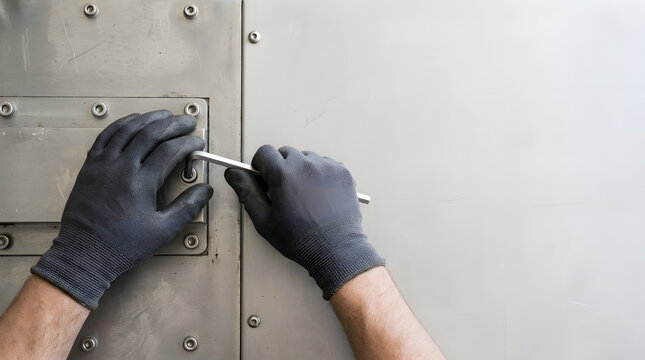 Mechanic hands in gloves using Allen wrench on metal panel. Close-up of industrial machinery maintenance and repair