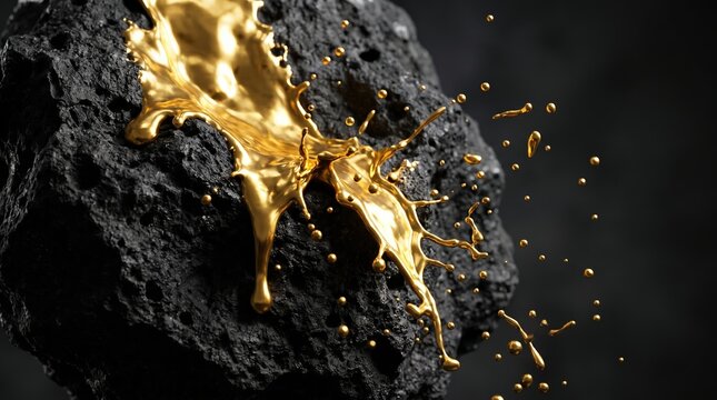 Abstract macro shot of liquid molten gold flowing over dark textured black coal or volcanic rock