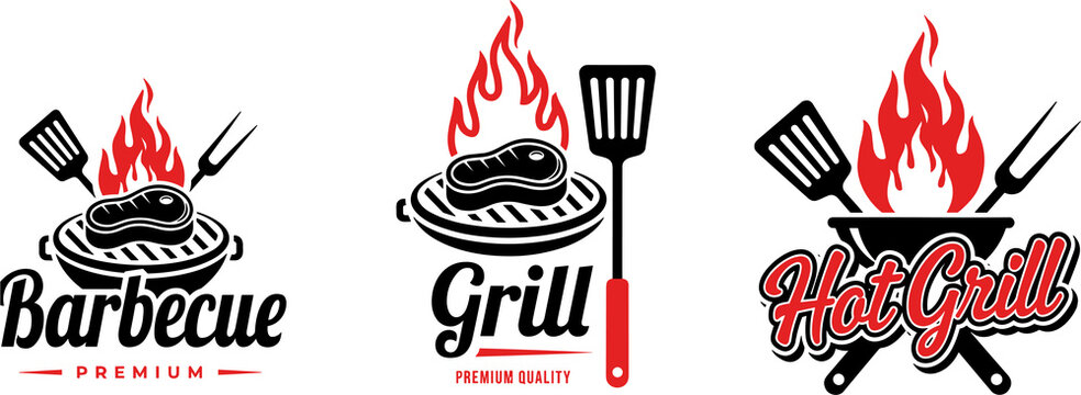 Set of premium barbecue restaurant emblems with red fire details.