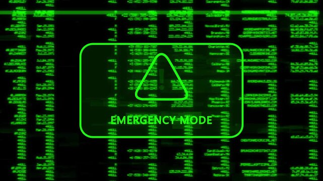 A warning message written 'EMERGENCY MODE' on the background of a computer screen interface, scrolling lines of green code data, cybersecurity risk and system warning animation.