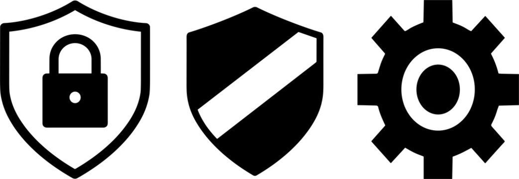 Black and white security settings vector icons featuring shields and gear shapes.