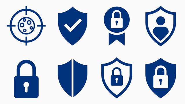 Cybersecurity and data privacy flat icon set featuring dark blue protection symbols.