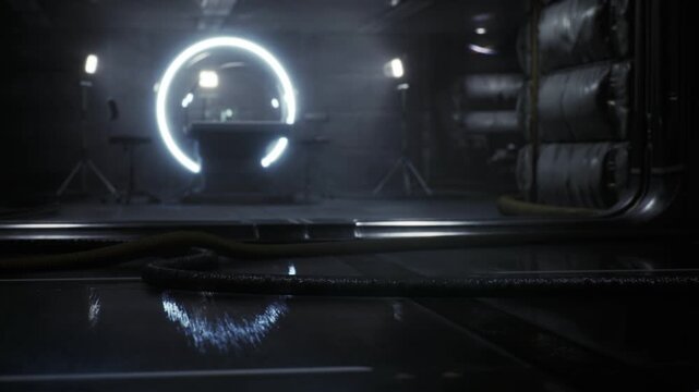 Orbital habitat entry. Airlock unit equipped with lighting and sensors. Sealed space station gate with sterilized environment and sensor systems