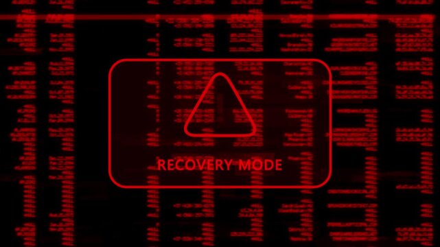 A warning message with 'Recovery Mode' written in red on the background of a computer screen interface, along with a scrolling line of red code data, cybersecurity risk and system warning animation.