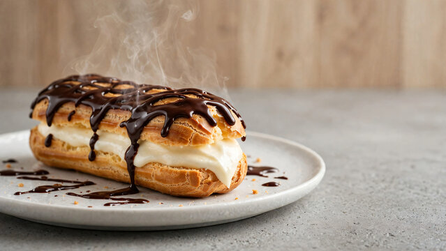 Chocolate cream eclair releases steam on a plate