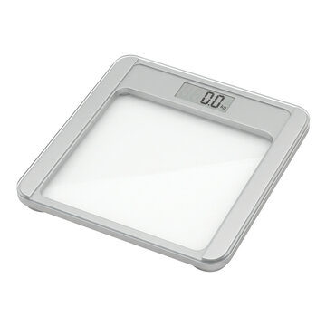 Modern digital bathroom scale with a clear glass surface and LCD display