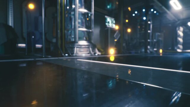 Empty corridor leading to docking interface, polished walkway with indicator panels and guide rails, subtle lens flares from overhead arrays, conveyor tracks