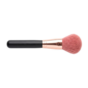Professional makeup brush with pink bristles and rose gold ferrule on a black handle