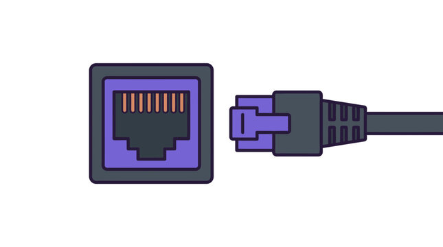 Modern Flat Illustration of Ethernet Cable Connector and Network Port Socket