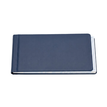 Closed navy blue leather checkbook register with white pages inside