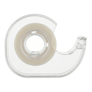 Clear adhesive tape dispenser with a roll of transparent tape on an isolated white background