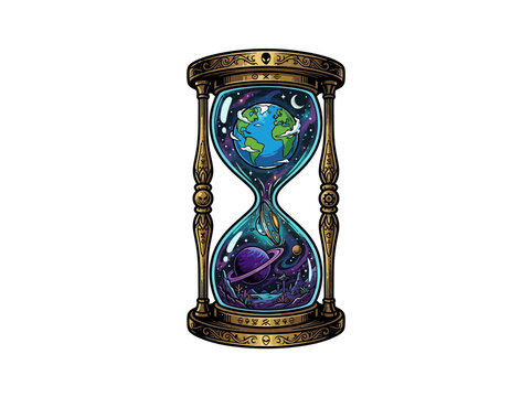 Ornate Golden Hourglass With Earth And Clouds Above, Ufo And Planets In Space Below Within Decorated Frame, Illustration Vector Illustration