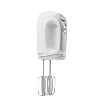 White electric hand mixer with beaters and cord on a clean white background