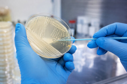 Microbiologist holding petri dish with bacteria culture using inoculation loop to study colony growth. Scientific research in medical laboratory for disease analysis and development.