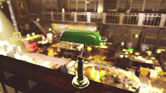 Green banker lamp above study tables, soft warm light casting over wooden desks, scattered books, students studying, ornate balcony, hushed academic atmosphere
