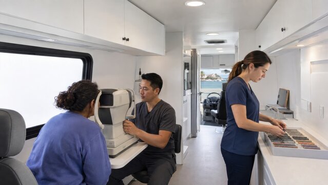Medical team performing eye exams in a mobile clinic vehicle