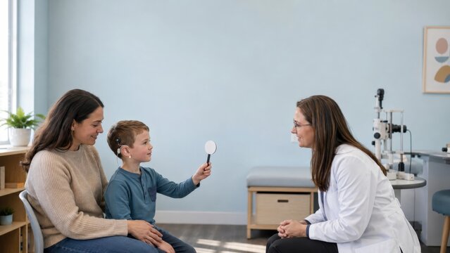Child with cochlear implant during vision screening