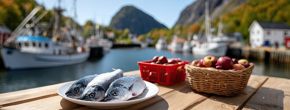 Salmon lie on the dock with fishing boats in the background and mountains rising under a clear blue sky, showcasing nature's bounty