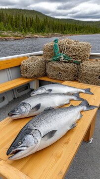 Salmon lie on the dock with fishing boats in the background and mountains rising under a clear blue sky, showcasing nature's bounty