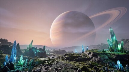 Fototapeta premium Surreal Alien Landscape with Ringed Planet and Blue Crystals