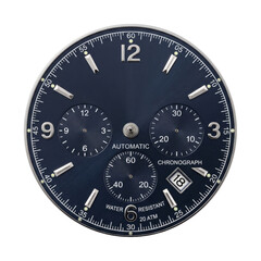 Fototapeta premium Close-up of a dark blue automatic chronograph watch face with silver accents
