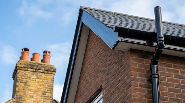 Corner view black seamless gutter system on brick house roof with tile roofing and chimney, blue sky background, exterior home improvement detail.