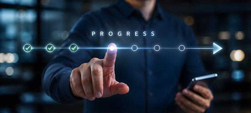 Businessman finger touching glowing progress bar node illustrating step by step timeline process execution

